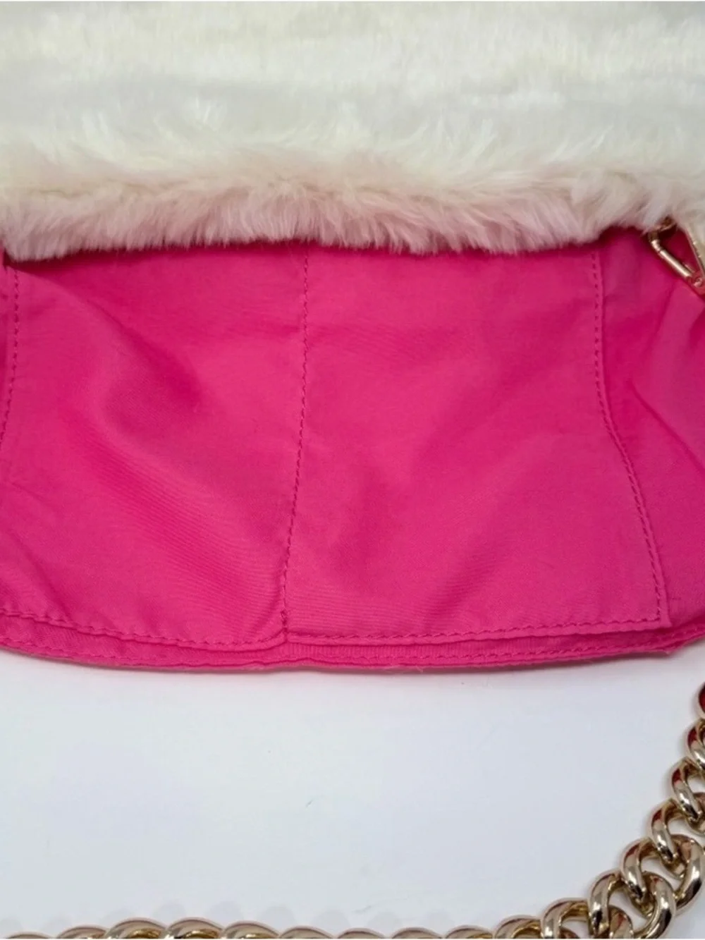 Cream Faux Fur Shoulder Bag with Gold Chain Strap